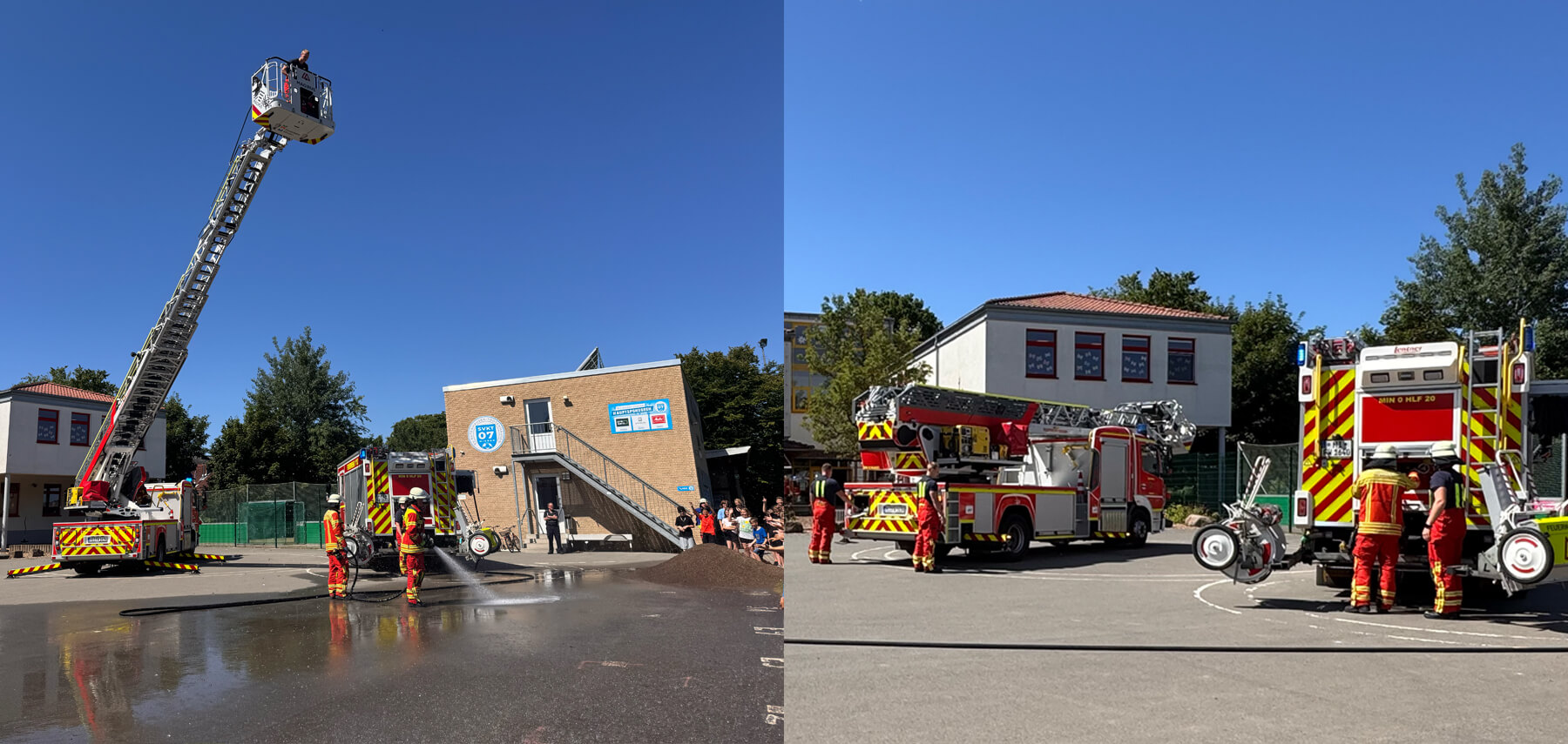 Feuerwehr bringt den Schülern eine Erfrischung mit dem Wasserschlauch